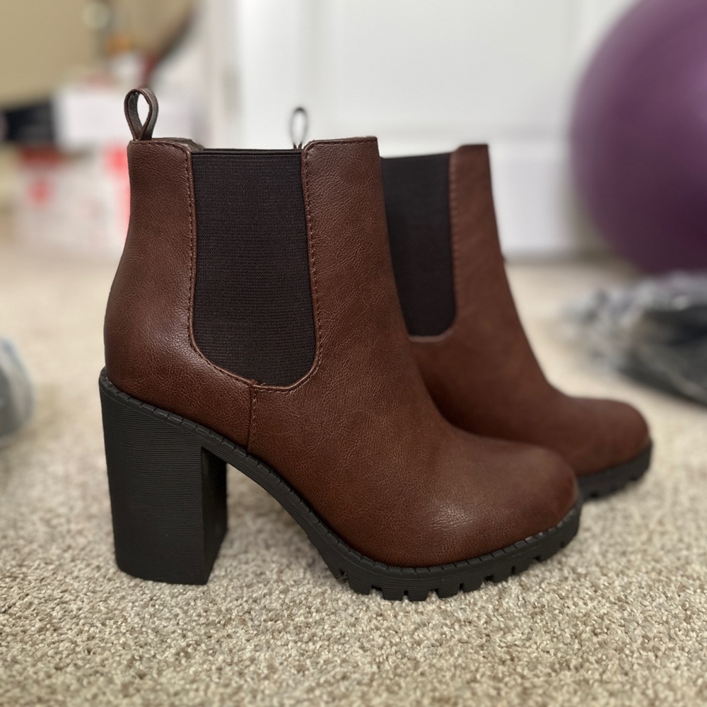 Brown Chunky Heel Ankle Boots
